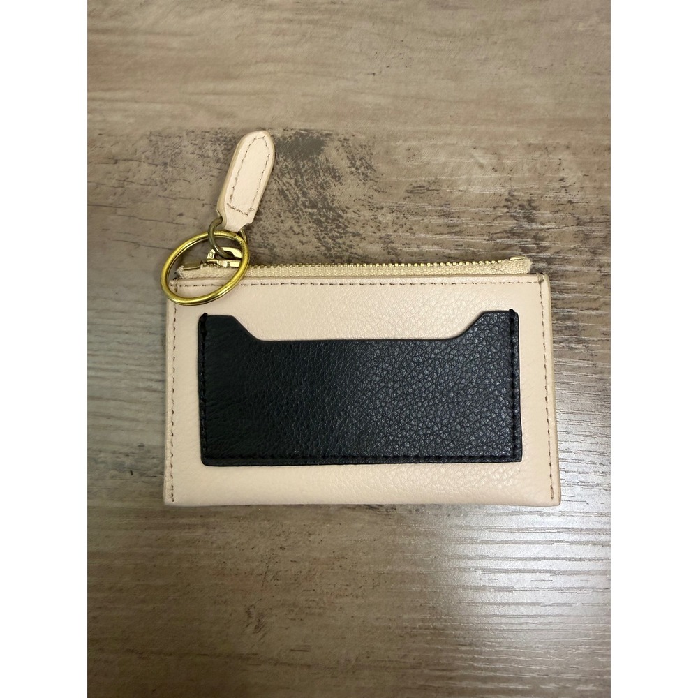 J.Crew Colorblock Leather Coin Purse Card Case Keychain Cream Black Gold Zip